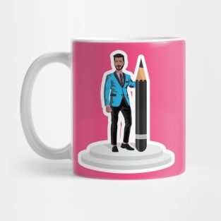 A confident young man character standing with pencil illustration design. Mug